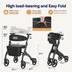 Walker with Seat for Seniors, VOCIC Heavy Duty Walker 4 Wheel Rollator for Seniors, Aluminum Folding Rolling Walker w/Seat-rest, Pouch, Backrest-Inky Black