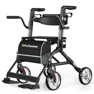 Rollator Walkers for Seniors with Seat, Walker Wheelchair Combo, Lightweight Foldable Wheelchairs for Adults, Rolling Walker All Terrain, 2 in 1 Walker Wheelchair with Cup Holder& Bag,Black