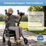 BlessReach Heavy Duty Upright Rollator Walker for Seniors, 450lb Capacity, 6 Height Adjustments, 8" All-Terrain Wheels, Padded Seat & Backrest, Easy Assembly, Foldable Design (Black)