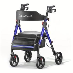 Foldable Rollator Walkers with Seat for Seniors, 350 lb Capacity, 8'' Big Wheels, 6-Position Height, Premium Hybrid Rolling Walker - Aluminum and Carbon Steel
