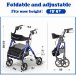 Foldable Rollator Walkers with Seat for Seniors, 350 lb Capacity, 8'' Big Wheels, 6-Position Height, Premium Hybrid Rolling Walker - Aluminum and Carbon Steel