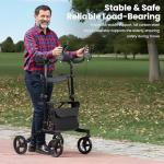 Sunderwell Upright Walker for Seniors & Adults with Seat 450 lb Capacity, Stand Up Walkers Foldable, 19.8 lbs Lightweight, Adjustable Arms, 10-Inch Big Wheels for All Terrain Rollator Walker (Black02)