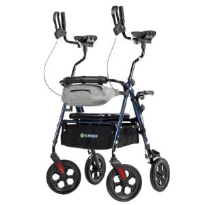 ELENKER All Terrain Upright Rollator Walker with Seat, Foldable Stand Up Walkers for Seniors with Armrest, Front Pouch, 10” Wheels, Fully Adjustment Frame, Blue