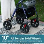 ELENKER All Terrain Upright Rollator Walker with Seat, Foldable Stand Up Walkers for Seniors with Armrest, Front Pouch, 10” Wheels, Fully Adjustment Frame, Blue