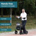 ELENKER All Terrain Upright Rollator Walker with Seat, Foldable Stand Up Walkers for Seniors with Armrest, Front Pouch, 10” Wheels, Fully Adjustment Frame, Blue