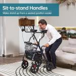 ELENKER All Terrain Upright Rollator Walker with Seat, Foldable Stand Up Walkers for Seniors with Armrest, Front Pouch, 10” Wheels, Fully Adjustment Frame, Blue