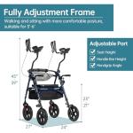 ELENKER All Terrain Upright Rollator Walker with Seat, Foldable Stand Up Walkers for Seniors with Armrest, Front Pouch, 10” Wheels, Fully Adjustment Frame, Blue