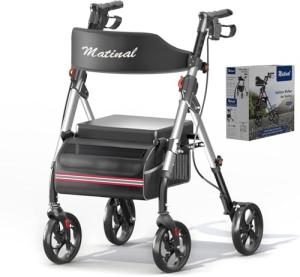 Foldable Rollator Walkers with Seat for Seniors, 350 lb Capacity, 8'' Big Wheels, 6-Position Height, Premium Hybrid Rolling Walker - Aluminum and Carbon Steel (Silver)