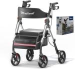 Foldable Rollator Walkers with Seat for Seniors, 350 lb Capacity, 8'' Big Wheels, 6-Position Height, Premium Hybrid Rolling Walker - Aluminum and Carbon Steel (Silver)