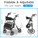 Foldable Rollator Walkers with Seat for Seniors, 350 lb Capacity, 8'' Big Wheels, 6-Position Height, Premium Hybrid Rolling Walker - Aluminum and Carbon Steel (Silver)