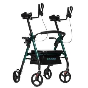 ELENKER Heavy Duty Upright Walker, Bariatric Stand Up Rollator Walker with Extra Wide Padded Seat & Backrest, Supports Up to 500 lbs, for Senior, Green