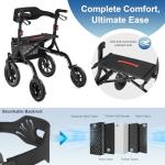 MAXWALK Walkers for Seniors, Rollator Walker with Seat, 12" Big Rubber Wheels All Terrain Rollator Walker with Backrest, Built-in Cable, Cup Holder, Foldable and Height Adjustment for Seniors, Black