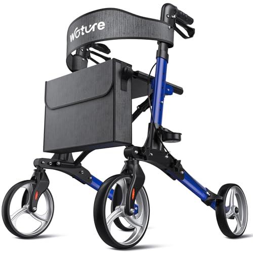 WOTURE Foldable Rollator Walker with Seat for Seniors, Height Adjustable, 8'' Big Wheels All Terrain Rolling Walker, Light Weight Mobility Scooter, Mobility Aid for Elderly, Blue