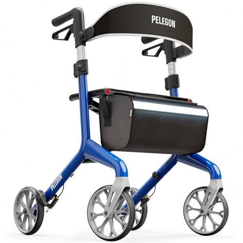 Pelegon Rollator Walker with Seat for Seniors – Lightweight Foldable Walker with Padded Seat & Backrest, Adjustable Handles, Reflective Frame, Carry Bag – Heavy-Duty 300lb Support - Blue