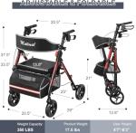 Foldable Rollator Walkers with Seat for Seniors, 350 lb Capacity, 8'' Big Wheels, 6-Position Height, Premium Hybrid Rolling Walker - Aluminum and Carbon Steel (Burgundy)