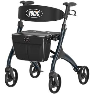 Walker with Seat for Seniors, VOCIC Heavy Duty Walker 4 Wheel Rollator for Seniors, Aluminum Folding Rolling Walker w/Seat-rest, Pouch, Backrest-Purplish Blue