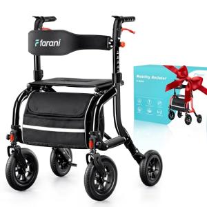 Farani Rollator Walker with Seat, Outdoor Rolling Walkers for Seniors - 10" Large All Terrain Rubber Wheels, Padded Seat and Backrest, Ergonomic Handles, Comfort on Grass