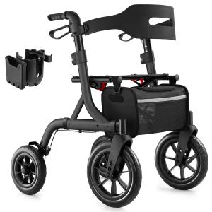12"+10" Rubber Wheels All-Terrain Rollator Walker with Seat Foldable Adjustable 