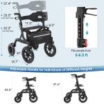 12"+10" Rubber Wheels All-Terrain Rollator Walker with Seat Foldable Adjustable 