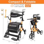 ProTraverse Rollator Walkers for Seniors with Seat, Walker Wheelchair Combo, Lightweight Foldable Walkers for Adults, Rolling Walker All Terrain, 2 in 1 Walker Wheelchair with Cup Holder& Bag,Orange
