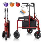 BigAlex 3 Rollator Walkers for Seniors with Seat,Lightweight Foldable Walker,Narrow Walkers for Small Spaces, Compact Folding，Rolling Walker with 8" All-Terrain Wheels,300 LBS Weight Capacity (Red)