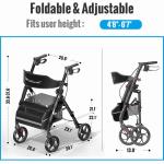 Foldable Rollator Walkers with Seat for Seniors, 350 lb Capacity, 8'' Big Wheels, 6-Position Height, Premium Hybrid Rolling Walker - Aluminum and Carbon Steel (Black)