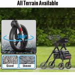 Foldable Rollator Walkers with Seat for Seniors, 350 lb Capacity, 8'' Big Wheels, 6-Position Height, Premium Hybrid Rolling Walker - Aluminum and Carbon Steel (Black)