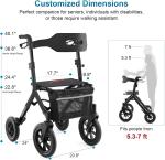 MAXWALK Rollator Walker w/Seat Adjustab, 12" Rubber Wheels All Terrain - Black