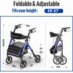 Foldable Rollator Walkers with Seat for Seniors, 350 lb Capacity, 8'' Big Wheels, 6-Position Height, Premium Hybrid Rolling Walker - Aluminum and Carbon Steel (Blue)