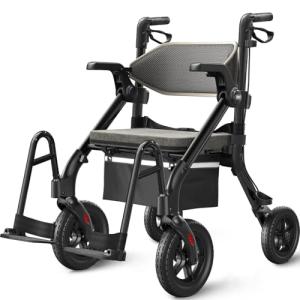 VOCIC Walkers for Seniors, Z55 2 in 1 Walker Wheelchair Combo, No-Bend Footrest, Rollator with 10" All Terrain Big Wheels, Transport Wheelchair Foldable, Rollator with Seat & Brakes, Storage Bag