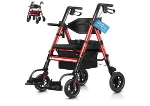 2025 StrollAid 2 In 1 Rollator Walker Transport Chair Heavy Duty 450 Lbs Red