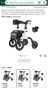 Maxwalk Rollator Walker w Seat Gold 12" All Terrain Rubber Wheels MW2402