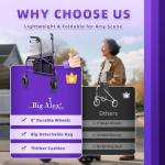 BigAlex 3 Rollator Walkers for Seniors with Seat,Lightweight Foldable Walker,Narrow Walkers for Small Spaces, Compact Folding，Rolling Walker with 8" All-Terrain Wheels,300 LBS Weight Capacity (Purple)