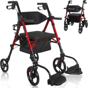 Rollator Walker & Chair, $210 MSRP, 10"/8" wheels, all-terrain tires, 300 lb Red