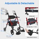 Rollator Walker & Chair, $210 MSRP, 10"/8" wheels, all-terrain tires, 300 lb Red