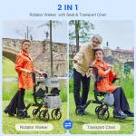 2-in-1Foldable Rollator Walker with Seat & Transport Wheelchair Combo ,All-Terrain Rolling Walker,Adjustable Height for Indoor Outdoor Mobility with Brakes & Storage Pouch