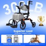 2-in-1Foldable Rollator Walker with Seat & Transport Wheelchair Combo ,All-Terrain Rolling Walker,Adjustable Height for Indoor Outdoor Mobility with Brakes & Storage Pouch