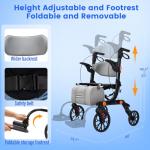 2-in-1Foldable Rollator Walker with Seat & Transport Wheelchair Combo ,All-Terrain Rolling Walker,Adjustable Height for Indoor Outdoor Mobility with Brakes & Storage Pouch