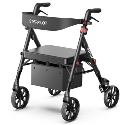 Steppilot Vela Rollator Walkers with Seat for Seniors, 500 lbs Weight Capacity & Reinforced Aluminum Frame, 8" Rubber Wheels for All Terrain, Height Adjustable Foldable Rolling Walker Lightweight