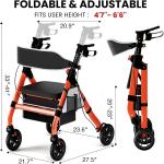 Heavy-Duty Foldable Rollator Walkers w/ 8" Wheels for Seniors 4.7' - 6.6' 450 lb