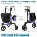 StrollAid 3 Wheel Walkers for Seniors, Foldable Rollator Walker with Tray & Large Storage Bag, 10" Big Wheel for All Terrain, 350 lb Weight Capacity, Purple