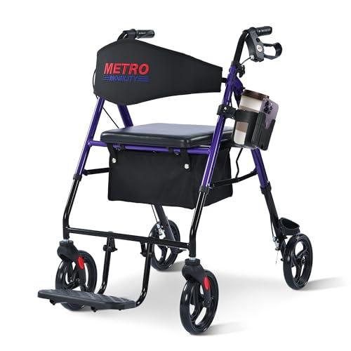 Metro Mobility 2 in 1 Rollator Walker & Transport Wheelchair, Foldable Lightweight Rollator Walker with Seat for Seniors, 8" Big Wheels for All Terrain, 300 lb. Weight Capacity, Purple