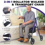 Metro Mobility 2 in 1 Rollator Walker & Transport Wheelchair, Foldable Lightweight Rollator Walker with Seat for Seniors, 8" Big Wheels for All Terrain, 300 lb. Weight Capacity, Purple
