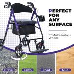 Metro Mobility 2 in 1 Rollator Walker & Transport Wheelchair, Foldable Lightweight Rollator Walker with Seat for Seniors, 8" Big Wheels for All Terrain, 300 lb. Weight Capacity, Purple