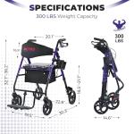 Metro Mobility 2 in 1 Rollator Walker & Transport Wheelchair, Foldable Lightweight Rollator Walker with Seat for Seniors, 8" Big Wheels for All Terrain, 300 lb. Weight Capacity, Purple
