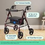 Medline Heavy Duty Steel Bariatric Rollator 500 lb Weight Capacity Burgundy