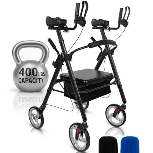 Vive Bariatric Upright Walker with Seat - Heavy Duty Senior Stand Up Rollator, Extra Wide Frame - Padded Armrest & Backrest -Mobility Aid Portable Rolling Walker with Bag - Fits Tall & Large People
