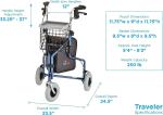 NOVA Traveler 3-Wheel Rollator Walker, All Terrain 8” Wheels BLUE - OPEN BOX