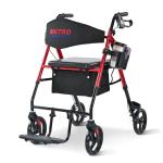 Metro Mobility 2 in 1 Rollator Walker & Transport Wheelchair, Foldable Lightweight Rollator Walker with Seat for Seniors, 8" Big Wheels for All Terrain, 300 lb. Weight Capacity, Red