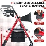 Metro Mobility 2 in 1 Rollator Walker & Transport Wheelchair, Foldable Lightweight Rollator Walker with Seat for Seniors, 8" Big Wheels for All Terrain, 300 lb. Weight Capacity, Red